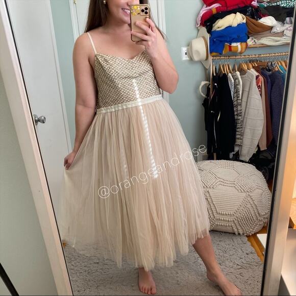 NWT Needle & Thread Nude Blush Pink beaded Top Tulle Empire Waist Maxi Dress 10 - Picture 7 of 12